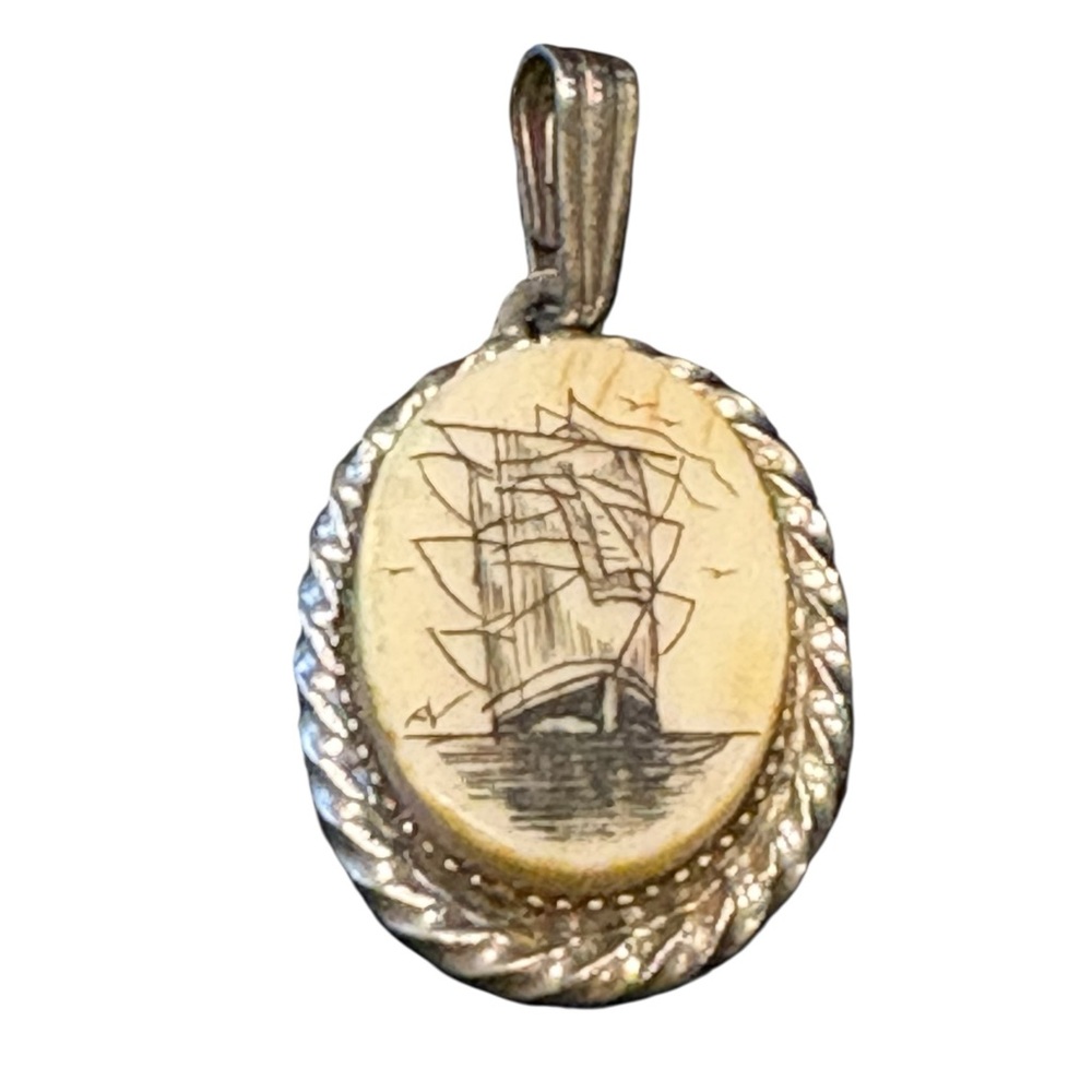 Vintage Nautical Scrimshaw Ship Pendant set in silver tone